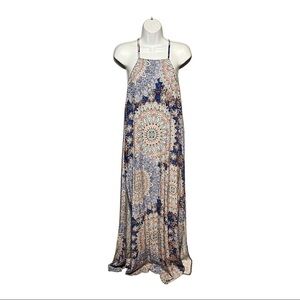 LoveRiche Paisley Mandala Print Maxi Dress Sleeveless Razorback Halter Medium